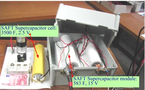 Fig. II.2.32.  SAFT supercapacitor cell and module studied in the GREEN lab since 2001.
