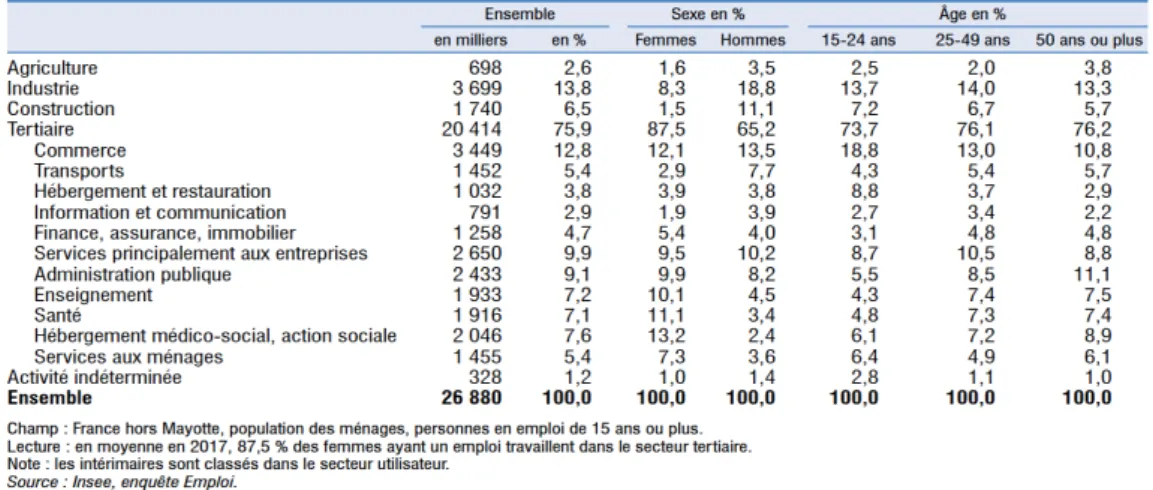 Figure 10 : Population en emploi selon le sexe, l’âge et le secteur d’activité en 2017 