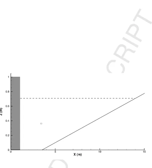 Figure 5: Numerical domain configuration. The small rectangular box is the wave generator, located right above the toe of the sloping beach