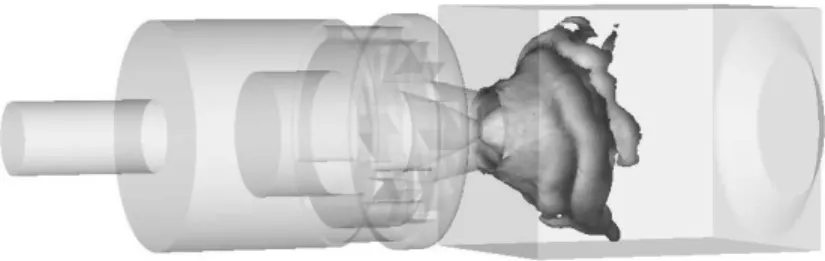 Figure 7: LES of Preccinsta with F-TACLES turbulent combustion model. The compu- compu-tational domain features the plenum, the swirl-injector and the combustion chamber