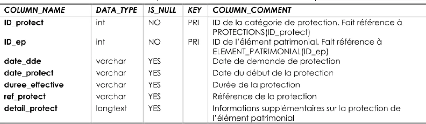 Table des informations relatives aux protections dont bénéficie l’élément patrimonial  COLUMN_NAME  DATA_TYPE  IS_NULL  KEY  COLUMN_COMMENT 
