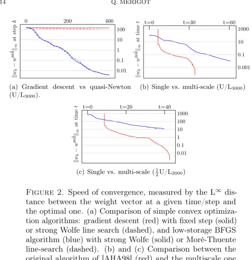 Figure 2. Speed of convergence, measured by the L ∞ dis- dis-tance between the weight vector at a given time/step and the optimal one