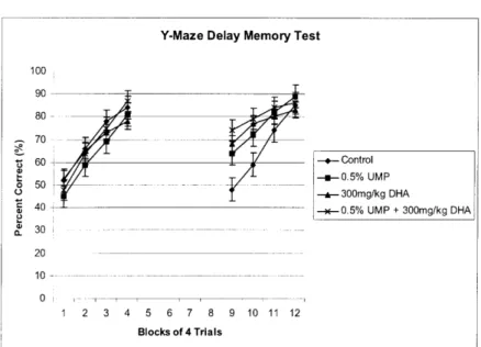 Figure 3.  The  effects  of a UMP-supplemented  diet and/or daily  administration  of DHA on acquisition  of a Y-maze  with a four  day delay  memory  test