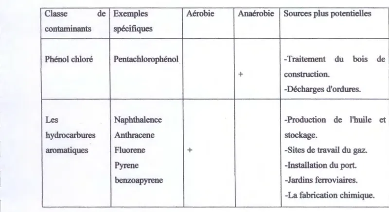 Tableau 5 : Quelques contaminants potentiellement convenables pour la bioremédiation (Vidali,  2001)