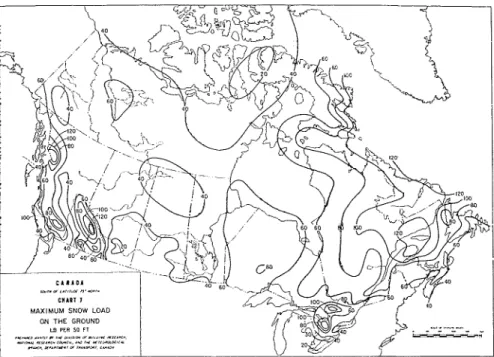 Figure  2.-Chart  showing  maximum  snow  l o a d   on  ground  in  Canada.  Figures,  based  on  d a t a   for  1 9 6 0 ,   show  maximum  l o a d   in  pounds per  square  feet