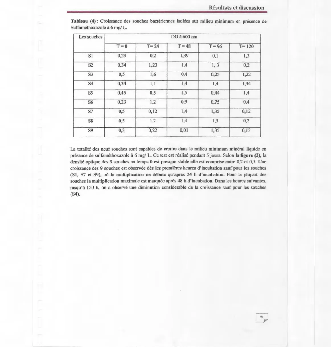 Tableau  (4):  Croissance  des  souches  bactériennes  isolées  sur  milieu  minimum  en  présence  de  Sulfaméthoxazole à 6 mg/ L
