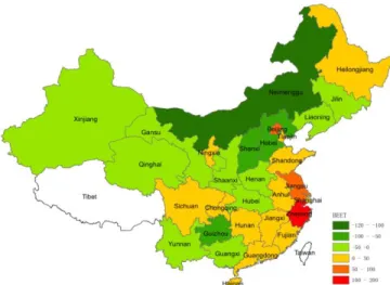 Figure 3. Emissions transfers between China's provinces. Positive numbers indicate a  greater share of emissions embodied in imports than those embodied in exports (see  Eq.4)
