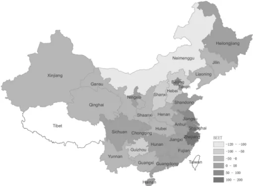 Fig. 3 Emissions transfers between China’s provinces. Positive numbers indicate a greater share of emissions embodied in imports than those embodied in exports (see Eq