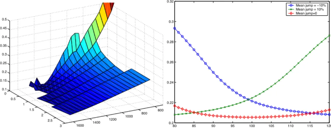 Figure 8: Left: implied volatilities of options on S&amp;P 500 index as a function of their strikes and maturities