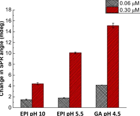 Figure 7. Glyphosate sorption onto CS/ZnO SPR sensor cross-linked for two glyphosate  concentrations (0.06 and 0.30 μM), at pH 5.5