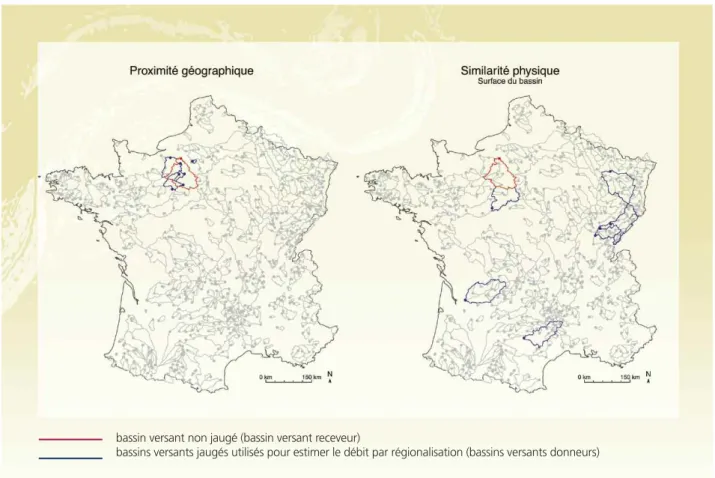Figure 6. Deux approches de régionalisation utilisées pour modéliser le débit d’un bassin non jaugé (en rouge) à partir de bassins jaugés (en bleu) : approche basée sur la proximité géographique entre le bassin receveur et les bassins versants donneurs (à 