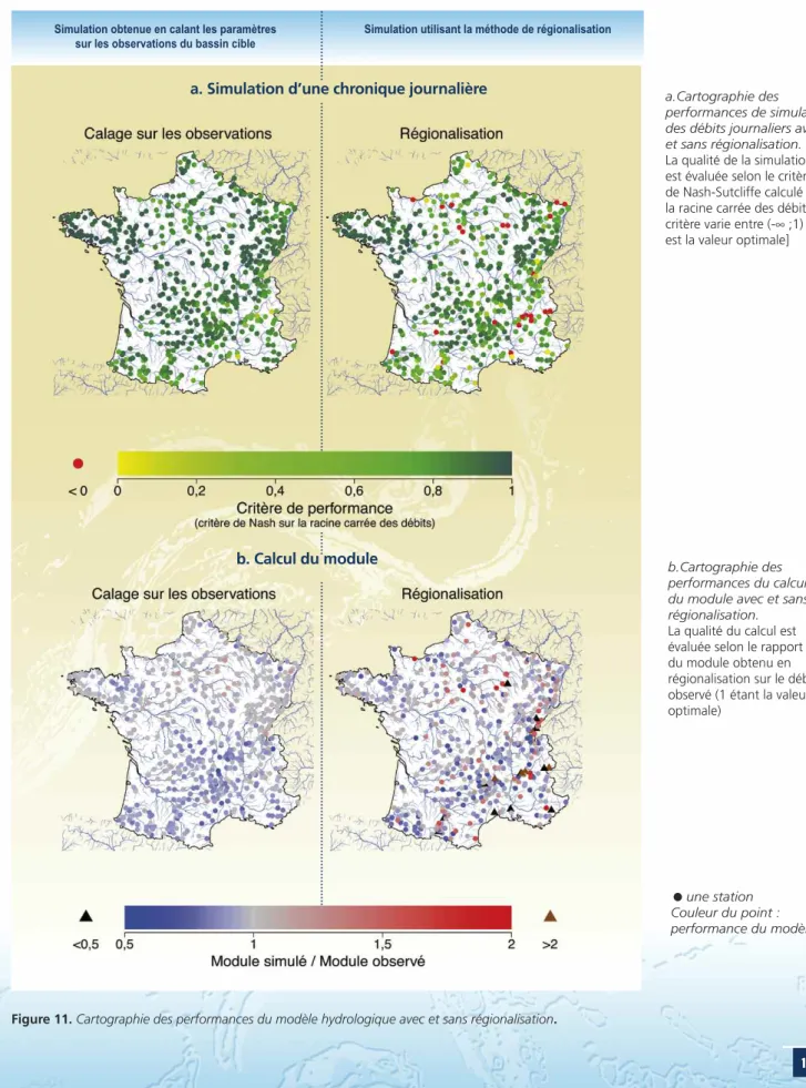Figure 11. Cartographie des performances du modèle hydrologique avec et sans régionalisation.