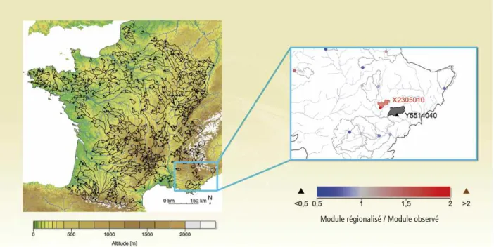 Figure 12. Cartographie des performances du calcul du module par régionalisation : zoom sur les bassins du Jabron à Comps-sur-Artuby (code hydro : X2305010) et de la Siagne à Callian (code hydro : Y5514040).