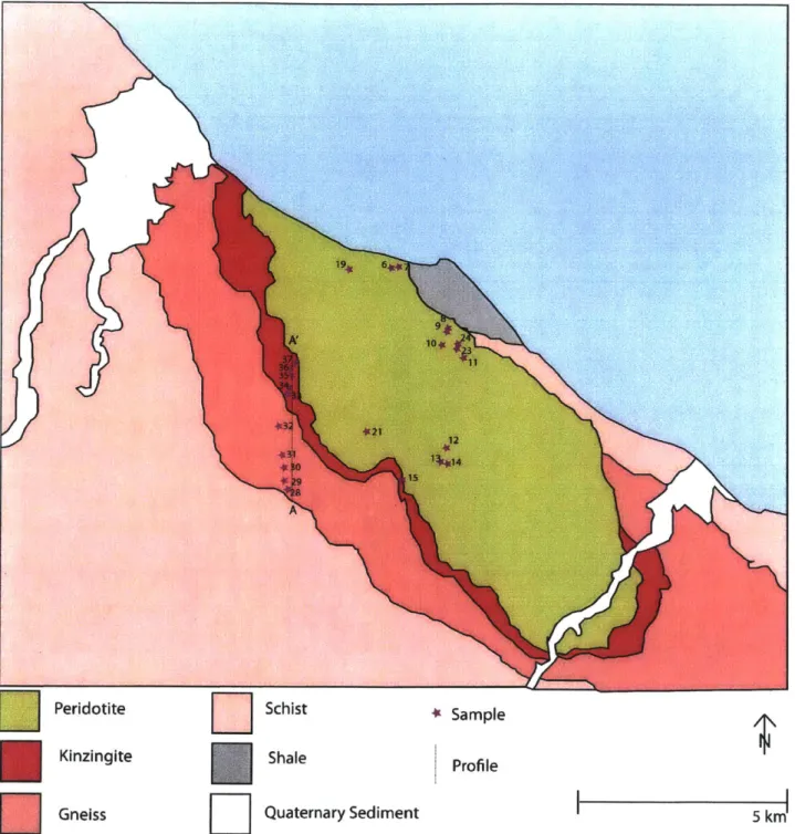 Figure  3  Map of Beni  Bousera  massif.  Profile  is from  A - A', selected samples are  indicated by stars, modified from  Kornprobst  and Vielzeuf  1984