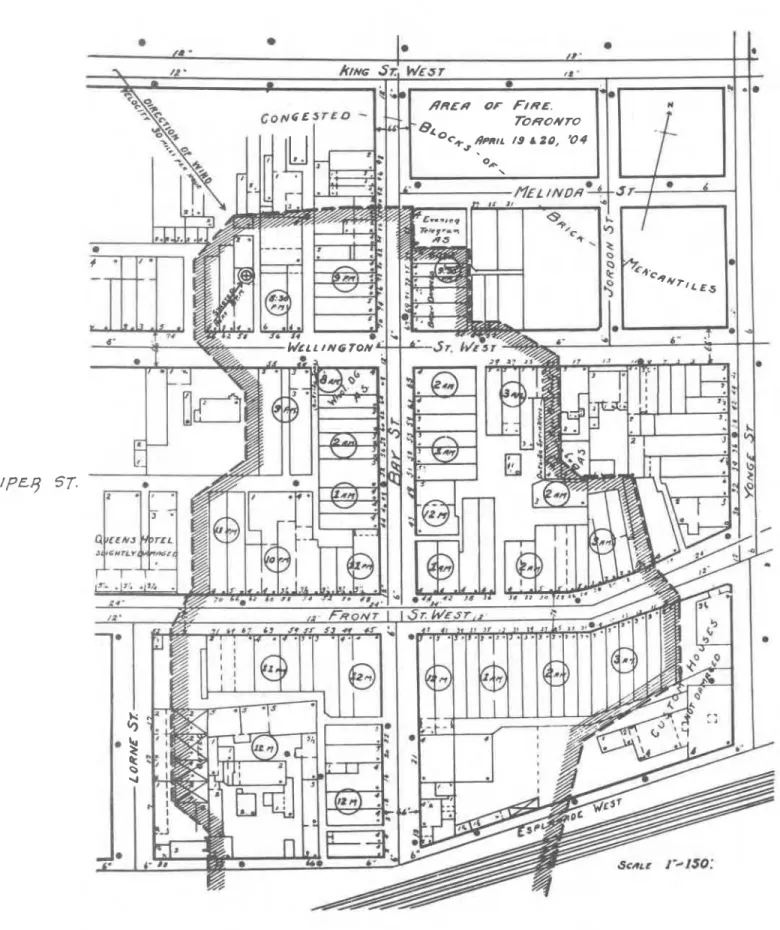 Figure  2  Plan  of  fire area,  showing place where  fire  started  and  times  (figures in circles) when  various  groups  of 