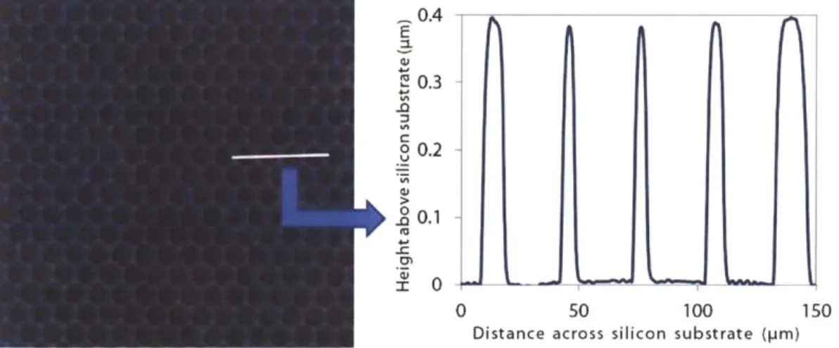 Figure  5.2:  A  contact  profilometry  scan  of  the  pick-up  stamp.  The  pick-up  stamp consists  of  a  400  nm  thick  silicon  dioxide  spacer  layer  on  a  silicon  substrate
