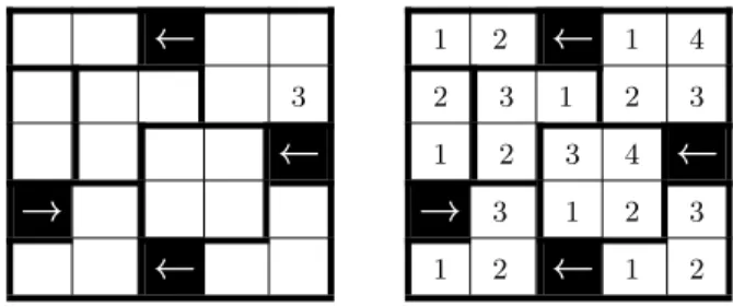 Fig. 1. Example of a Makaro grid and its solution.