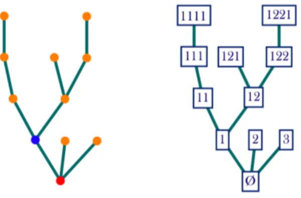 Figure 1 – Un arbre de hauteur 4 et la notation de Ulam-Harris-Neveu de ses nœuds. Le nœud rouge repr´esente l’ancˆetre et on adopte la convention que les individus d’une mˆeme g´en´eration sont num´erot´es de gauche ` a droite.