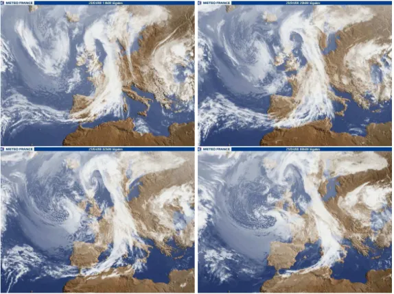 Figure 3: sequence of cloud coverage images above Europe from Meteosat (source M´et´eo-France) from 28/04/2008 to 29/04/2008