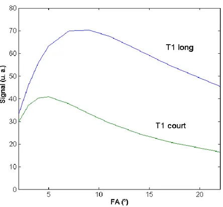 Figure 2.3 : Evolution de l’aimantation pour deux T 1  (500 et 1500 ms) en fonction de la valeur de l’angle de bascule