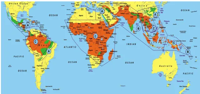 Figure 7. Distribution du paludisme dans le monde (OMS, 2005) (orange : zone de transmission  du paludisme ; vert :     zone à risque limité ; jaune :   pas de paludisme) et risques de transmission   (A : transmission, généralement très faible, de P