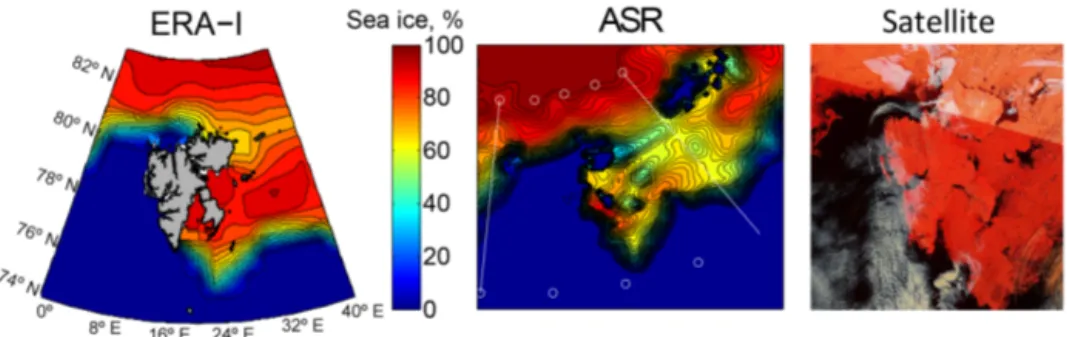 Figure 2. Sea ice concentration field on 8 May (JD 128) in ERA-I and ASR reanalyses. The ERA-I image shows a map of Svalbard overlain.