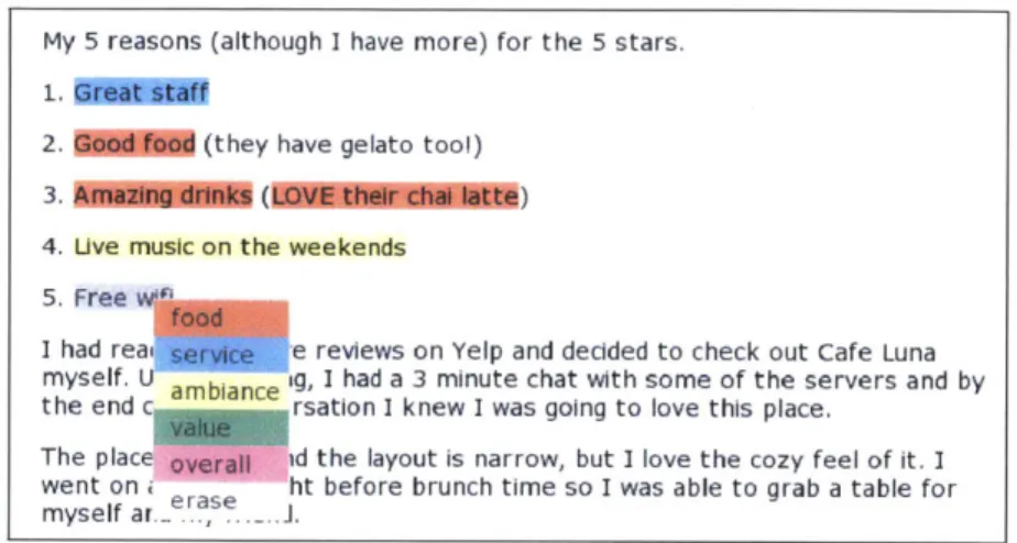 Figure  2-6:  Annotation  procedure  for  the  multi-aspect  phrase  labeling  task.  An- An-notators  are  asked  to  first  highlight  a  relevant  phrase,  then  select  a  label  for  that phrase.