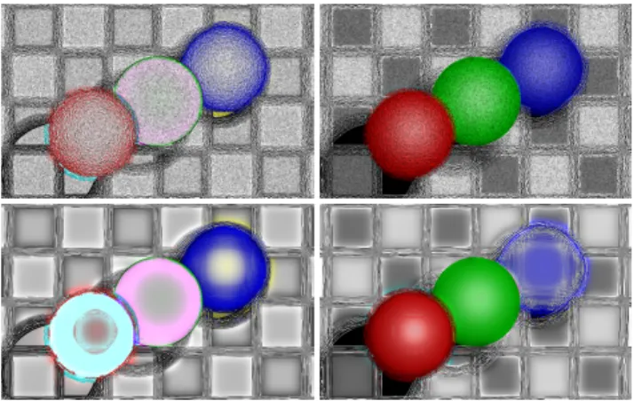 Figure 12: Regularized NMF for smooth masks. (Top) The spheres light field (see Figure 8) is decomposed via Equation 11