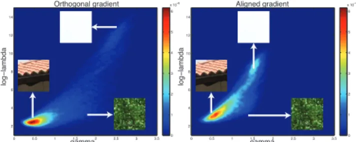 Figure 2. The distribution of γ, ln(λ) for ∇ o x, ∇ a x in natural im- im-ages. While the density is the highest around γ = 0.5, the density tails off slowly with significant density around γ = 2