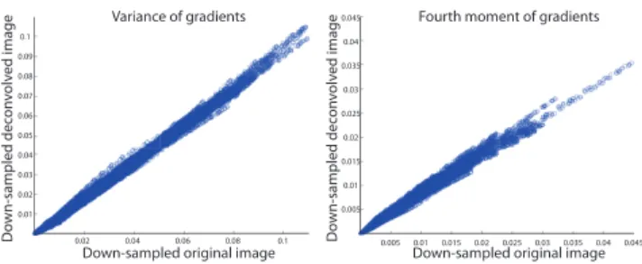 Figure 3. The local variance and fourth moments of gradients com- com-puted from the deconvolved, down-sampled image of Figure 1 are closely correlated with those of the down-sampled original image.