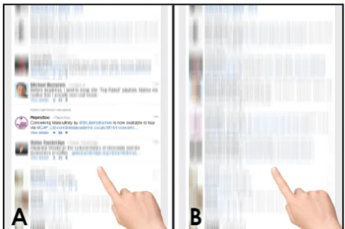 Figure 1. A) Content-aware kinetic scrolling applies friction in scrolling as the user passes over items of high interest