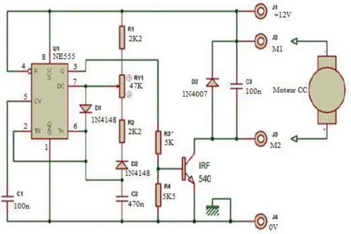 Figure II.12. Schéma du circuit de commande à base d'un NE555 et un potentiomètre RV1 de 47 kΩ  [40]