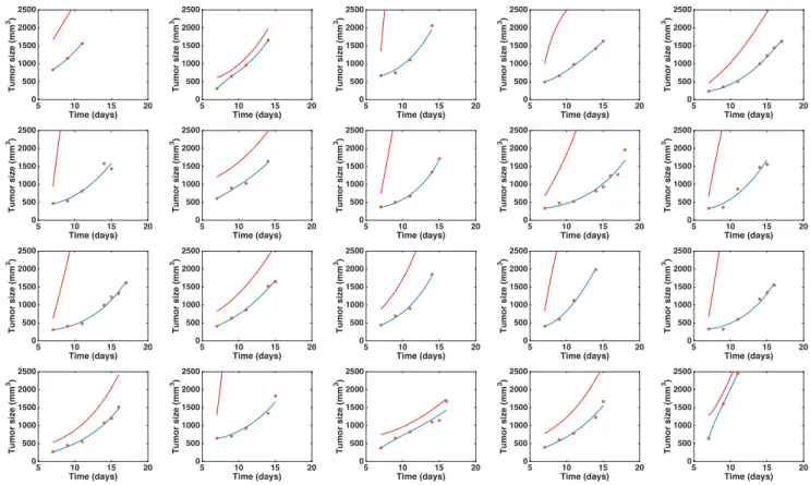 Figure  1.  Individual  fits  of  the  tumor  growth  data  by  the  model  for  each  mouse  from  one  of  the  two  groups