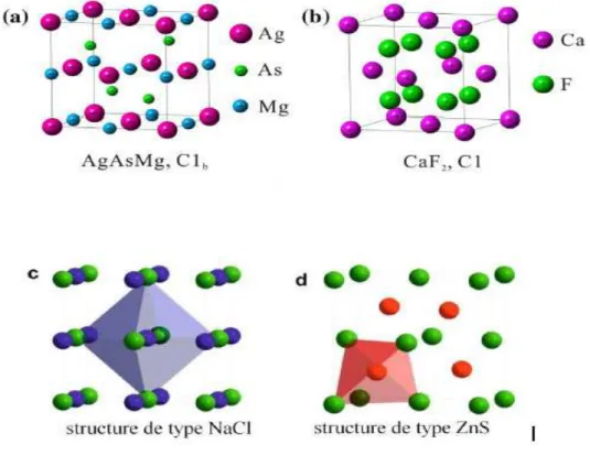 Figure I.10. Les structures cristalines de (a) la structure AgAsMg (C1b) demi- Heusler , (b) CaF2 de la structure (NaCl)