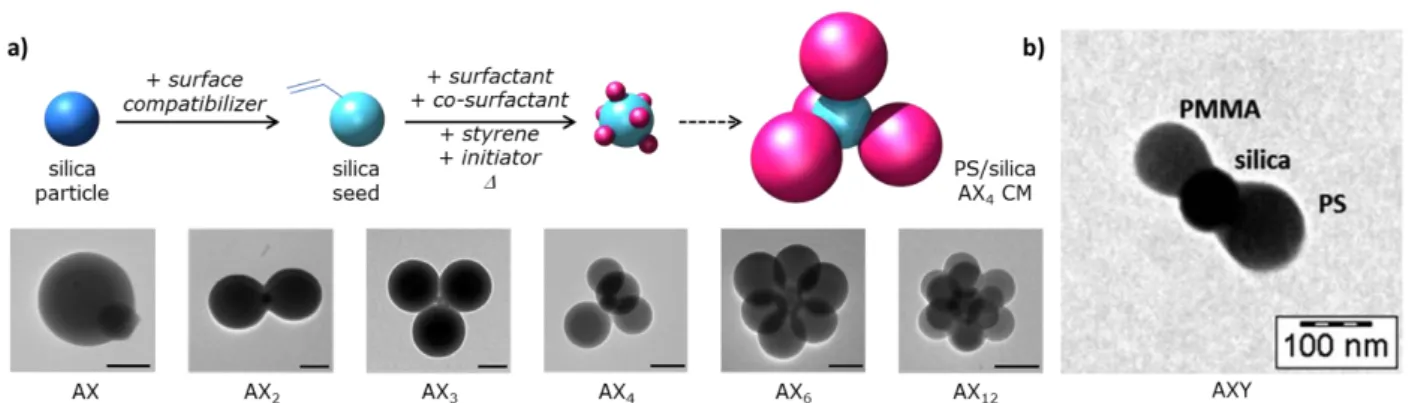 Figure 7  a) silica/PS AX n -type CMs obtained through seeded growth emulsion polymerisation of styrene in the presence of MMS-modified silica seeds: synthesis scheme and TEM  images of the as-obtained CMs; 59  b) TEM image of the AXY-type CM made from a s