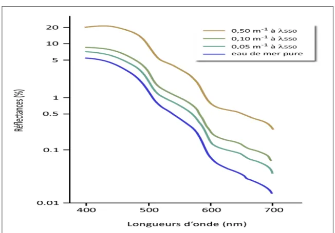 Figure  I.13:   Réflectance de l'eau de mer pour diverses valeurs du coefficient d'atténuation À 550 NM.