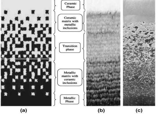 Figure II. 1Schéma de la microstructure graduée en continu avec des constituants métal- métal-céramique (a) Microstructure graduée (b) Vue agrandie et  