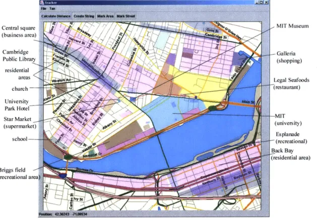Figure 3-2:  A  map  of the area near the MIT  campus  with different  colors representing the various  kinds  of  areas  used  in  this work.