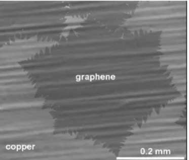 Figure 5 : Formation d'un cristal de graphène par dépôt chimique en phase vapeur à basse pression de  méthane sur du cuivre à 1035 C°