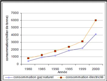 Figure I.3: Consommation de gaz et électricité (en milliers de tonne)  dans le secteur ménager en Algérie