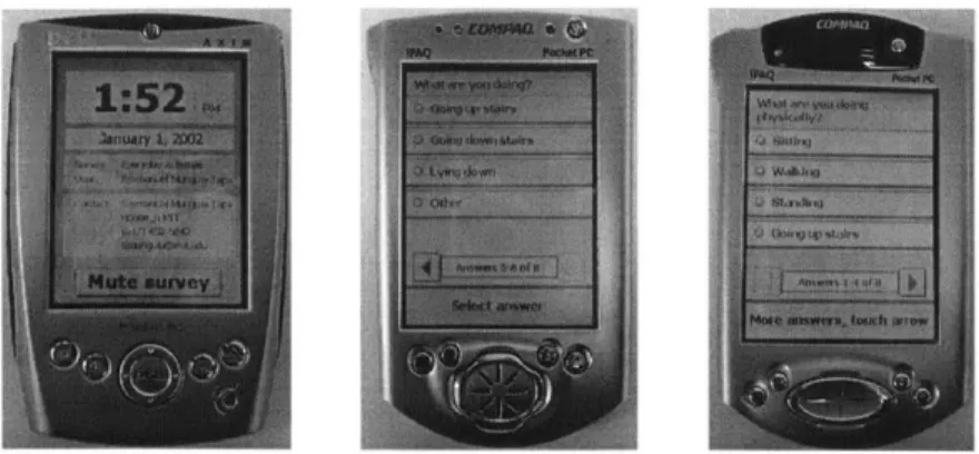 Figure  4-1:  The  Context-Aware  Experience  Sampling  Tool  running  on  a  Dell  Axim (left),  iPAQ  3600  (center),  and  an  iPAQ  3800  (right).