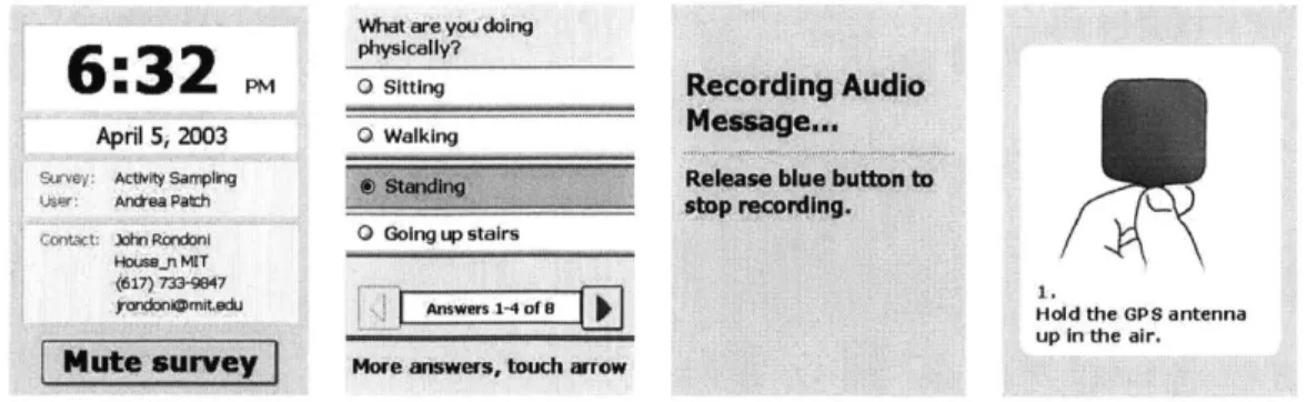 Figure  4-3:  The  Context-Aware  Experience  Sampling  Tool  User  Interface:  The Def ault  screen's  text  (left)  is customized  for  each  study