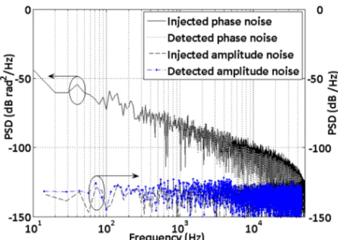 Fig. 2: PSD of the injected and detected phase and amplitude noise.