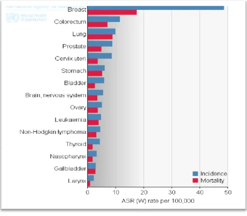 Figure 09: Les cancers les plus fréquents en Algérie en 2012 pour   les 2 sexes (Ferlay et al., 2012)