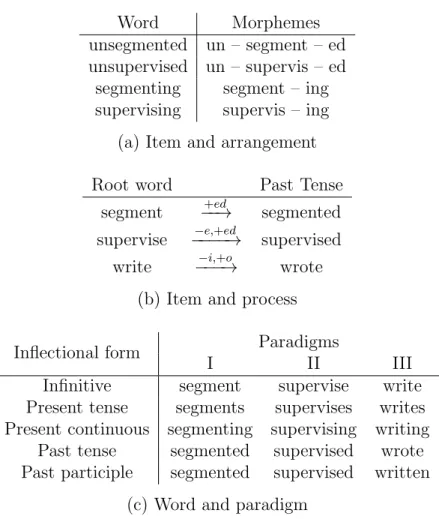 Figure 1-1: Three major models of word morphology: (a) The item and arrangement model represents a word as a concatenation of morphemes