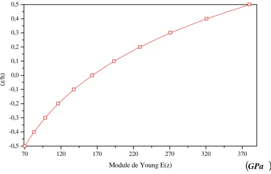 Figure I.8 : Variation du module de Young dans une plaque  E-FGM.