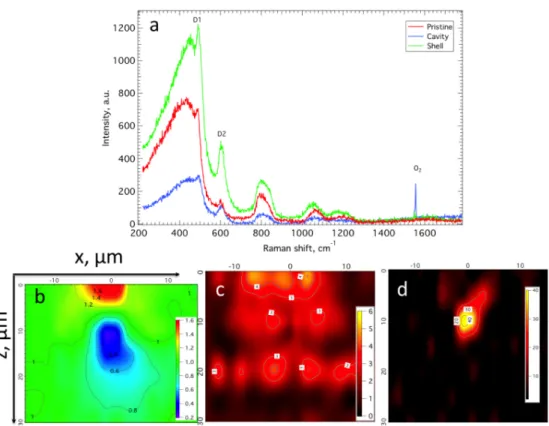 Fig. 2. (a) Raman spectra for three different cases: pristine fused silica, the shell and the cavity  of a laser-exposed area (irradiance of 4.5 TW.cm −2 , 10 8  pulses)