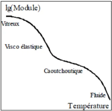 Figure I.11 : Evolution schématique du module d’élasticité d’un polymère amorphe avec  la température ; Transition α et passage à l’état fluide[19]