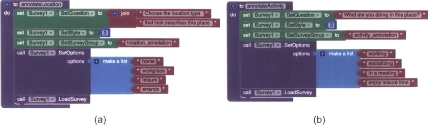 Figure  4-2:  Configuring  survey  question for  soliciting subjects'  annotations  of their current location,  including the  type of location  and their current  activity