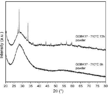 Fig. 10. Powder XRD diffraction patterns recorded on GGBK17 glass powder sample annealed at 710 °C for 5 and 72 h